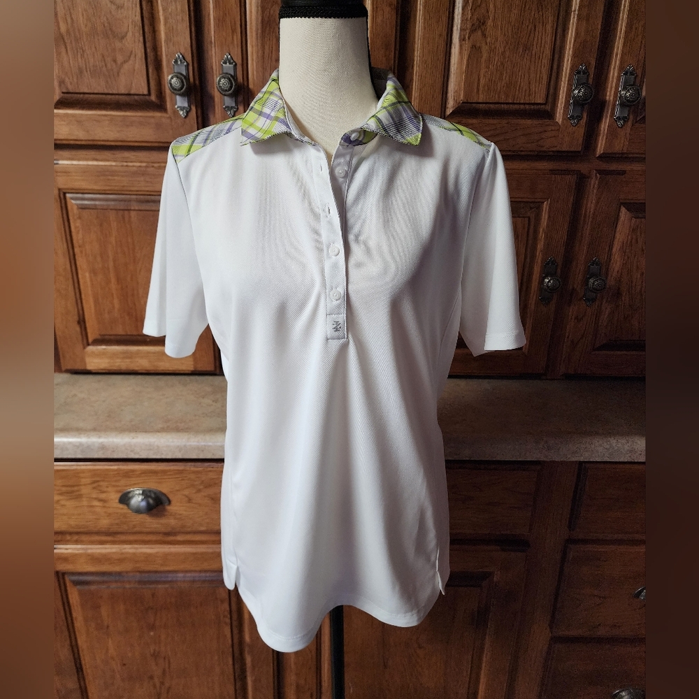 Izod Women's White Button Down Shirt with Plaid Collar